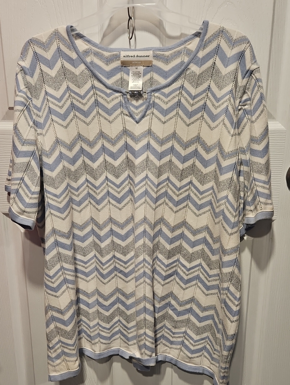 Alfred Dunner Light Blue, Gray & White Chevron Short Sleeve Knit Top